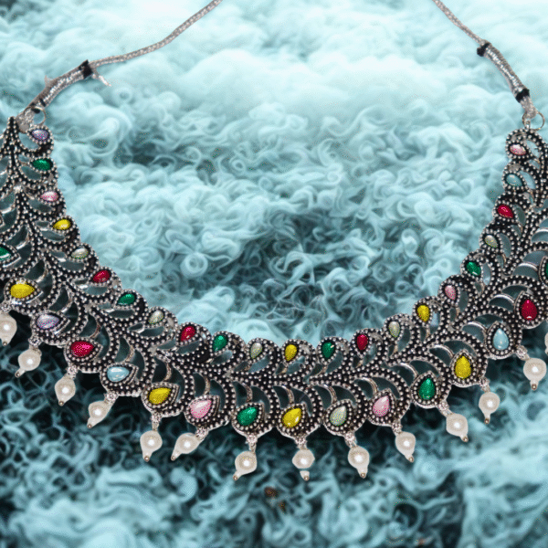 Antique Pearl Drop Multicolor Oxidized Silver Necklace Set - Image 5