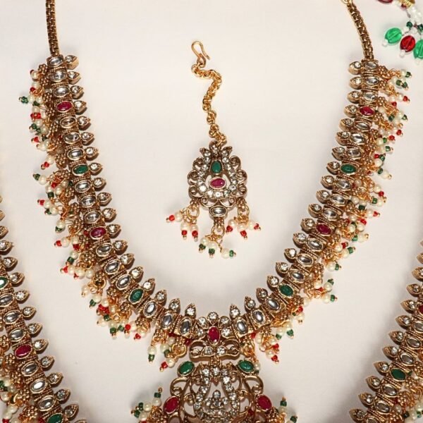 Gold-Plated Long-Short Necklace Set with Earrings-Maang Tika - Image 9