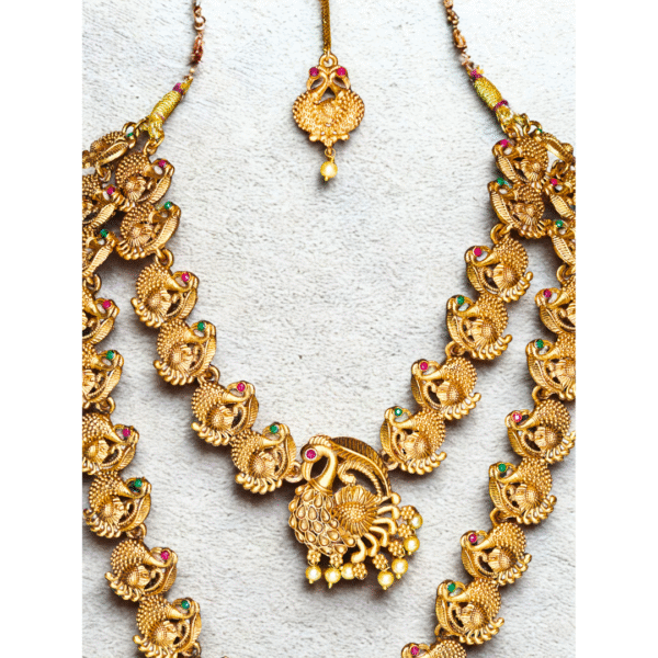 Gold-Tone Peacock Necklace Set with Earrings & Maang Tikka - Image 5