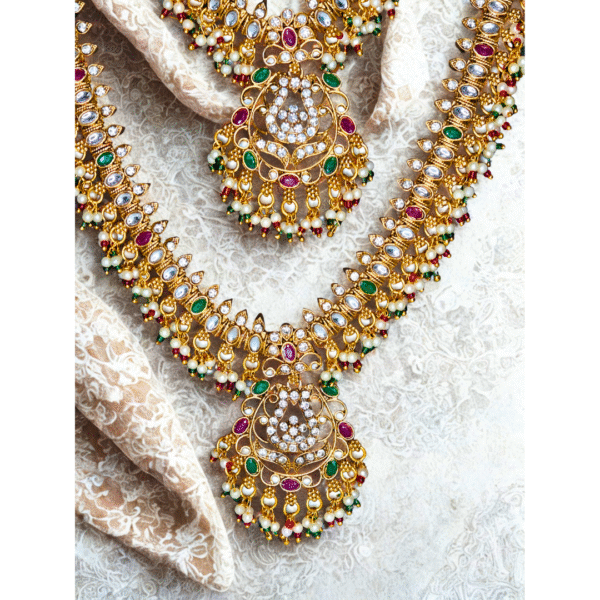 Gold-Plated Long-Short Necklace Set with Earrings-Maang Tika - Image 3