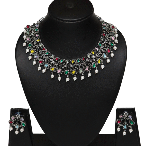 Antique Pearl Drop Multicolor Oxidized Silver Necklace Set - Image 6