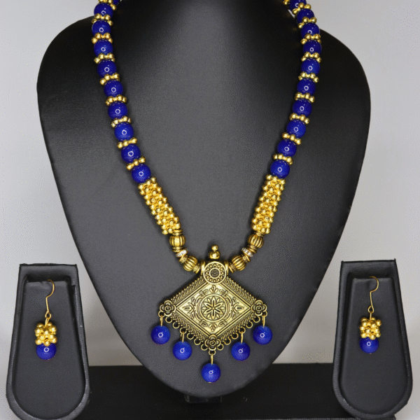 Blue Beaded Necklace Set with Antique Pendant & Earrings - Image 2