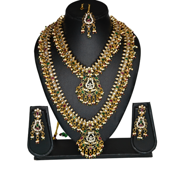 Gold-Plated Long-Short Necklace Set with Earrings-Maang Tika - Image 2