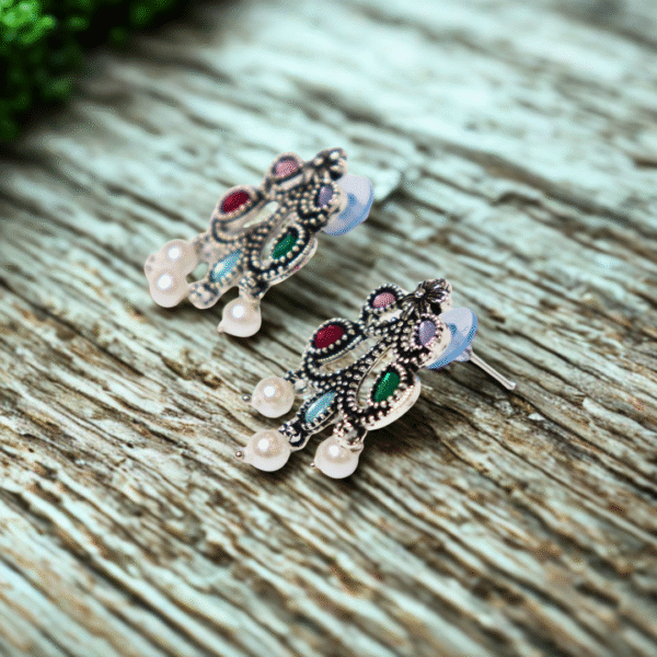 Antique Pearl Drop Multicolor Oxidized Silver Necklace Set - Image 7