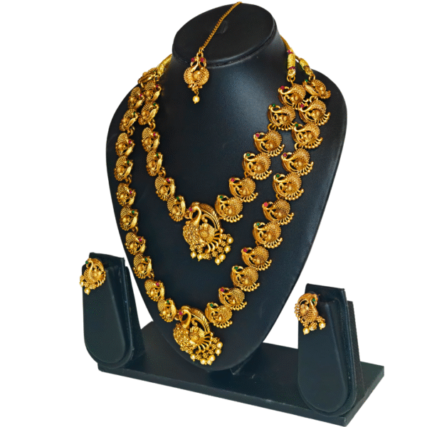 Gold-Tone Peacock Necklace Set with Earrings & Maang Tikka - Image 7
