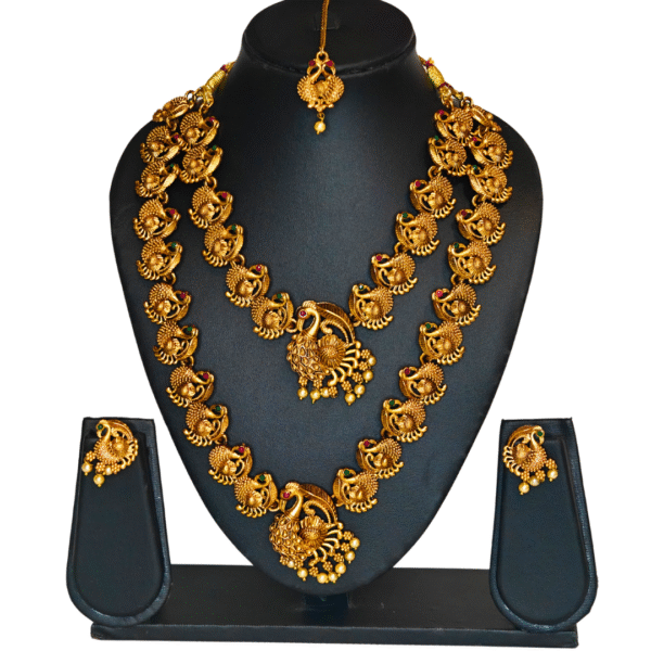 Gold-Tone Peacock Necklace Set with Earrings & Maang Tikka - Image 8