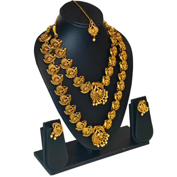 Gold-Tone Peacock Necklace Set with Earrings & Maang Tikka - Image 9