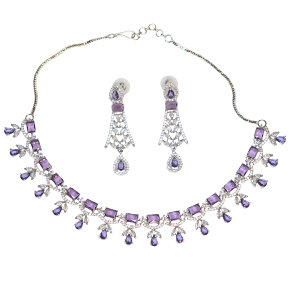 Silver-Plated Purple Stone American Diamond Necklace Set