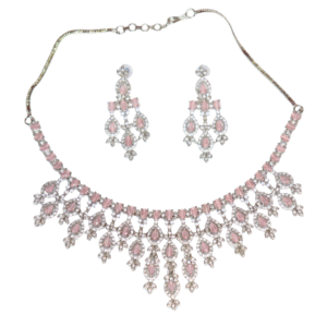 Silver-Plated Pink Stone American Diamond Necklace Set
