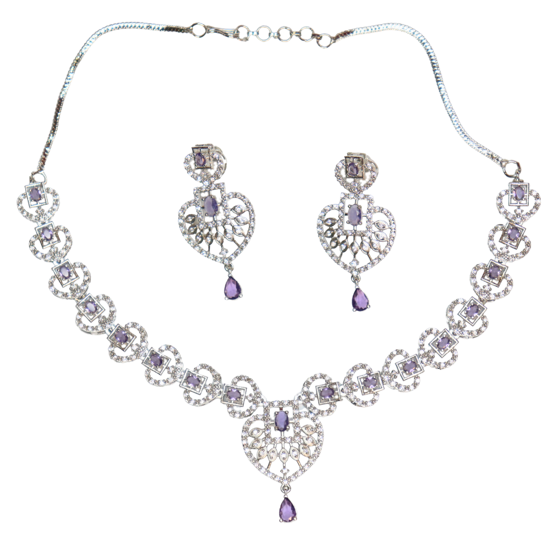 Silver-Plated Purple Stone Heart Shape AD Necklace Set