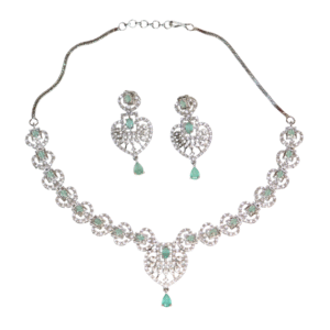 Silver-Plated Green Stone Heart Shape AD Necklace Set
