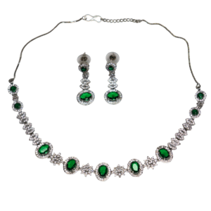 Silver-Plated Emerald Green American Diamond Necklace Set