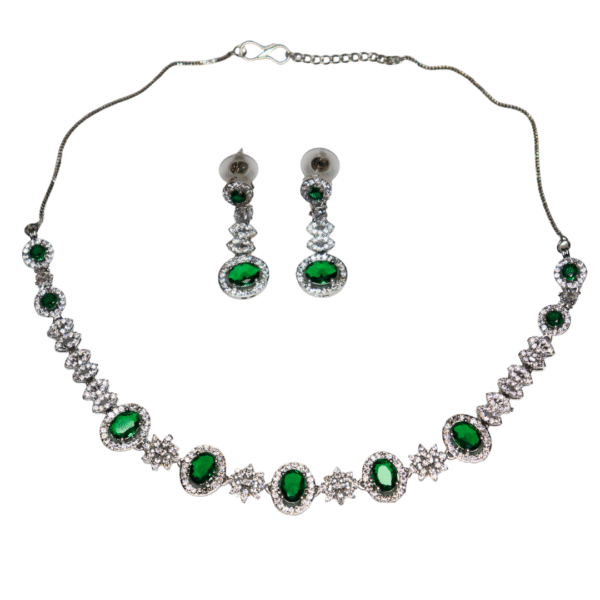 Silver-Plated Emerald Green American Diamond Necklace Set