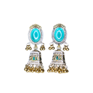 Turquoise-Teal Reflective Glass Stone Oxidized Jhumka