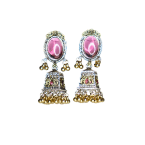 Beautiful Pink Reflective Glass Stone Oxidized Jhumka