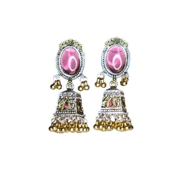 Beautiful Pink Reflective Glass Stone Oxidized Jhumka