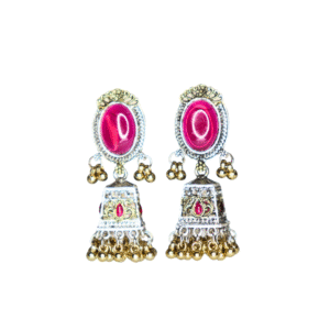 Dark Pink Reflective Glass Stone Oxidized Jhumka
