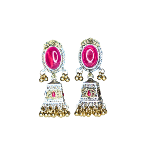 Dark Pink Reflective Glass Stone Oxidized Jhumka