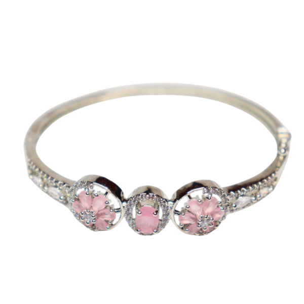 Silver Toned Pink Stone Floral American Diamond Bracelet