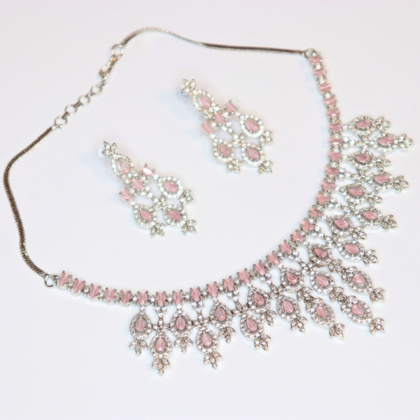 Silver-Plated Pink Stone American Diamond Necklace Set - Image 2