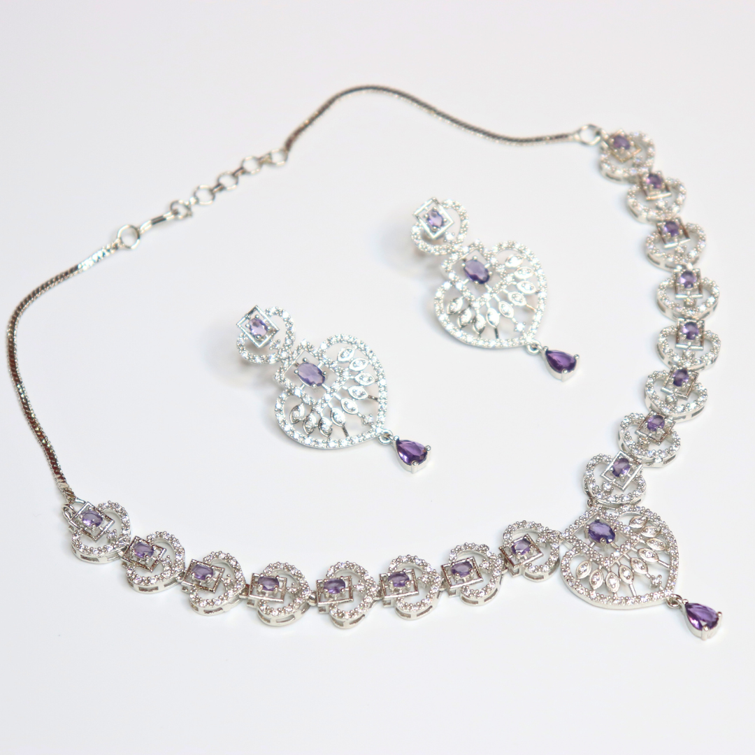 Silver-Plated Purple Stone Heart Shape AD Necklace Set - Image 2