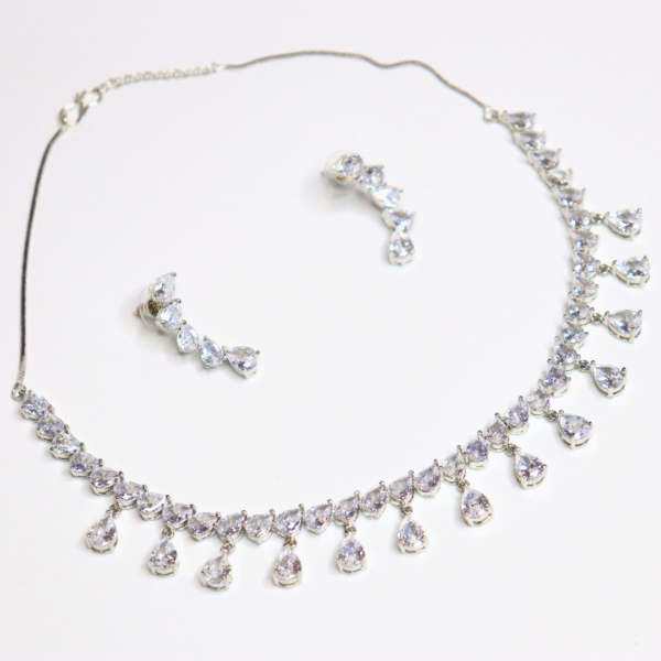 Silver-Plated Sparkling American Diamond Drop Necklace Set - Image 2