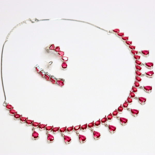 Silver-Plated Ruby Red American Diamond Necklace Set - Image 2