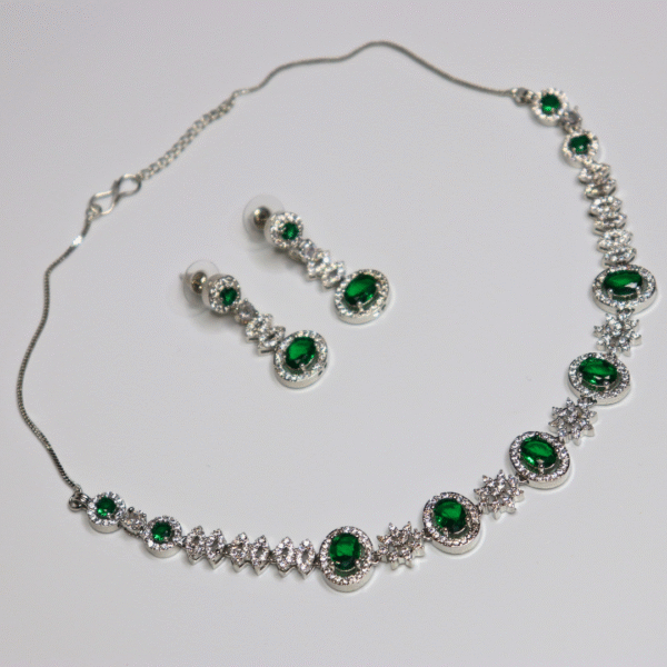 Silver-Plated Emerald Green American Diamond Necklace Set - Image 2