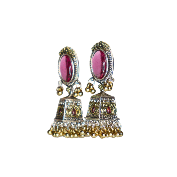 Beautiful Pink Reflective Glass Stone Oxidized Jhumka - Image 2