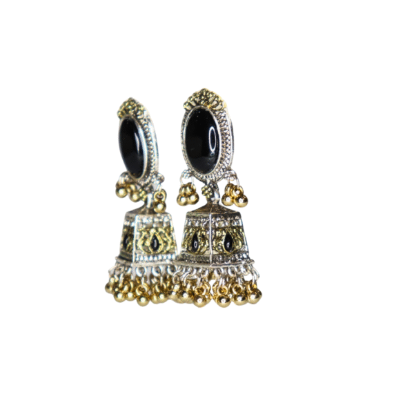 Onyx Black Reflective Glass Stone Oxidized Jhumka - Image 2