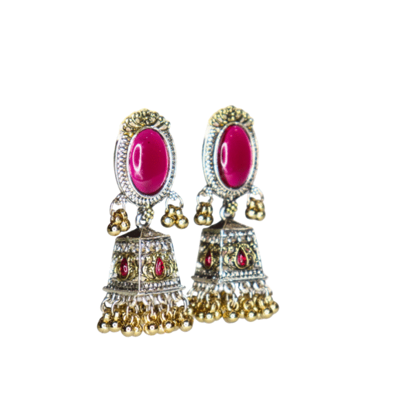 Dark Pink Reflective Glass Stone Oxidized Jhumka - Image 2