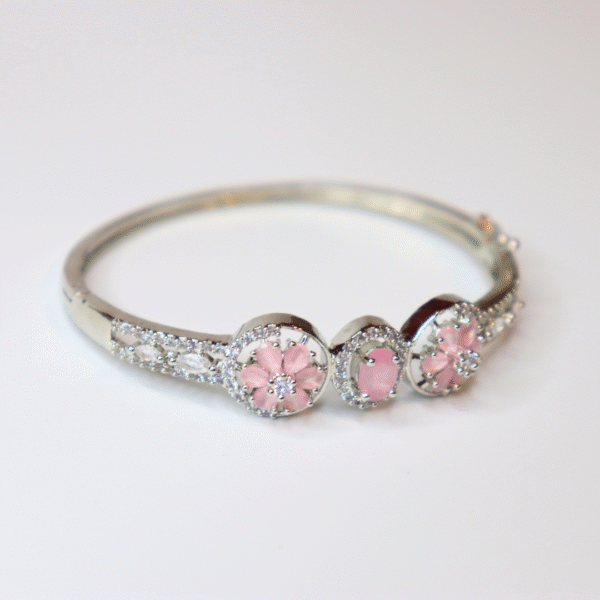 Silver Toned Pink Stone Floral American Diamond Bracelet - Image 2