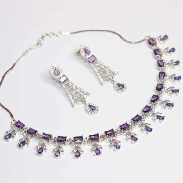 Silver-Plated Purple Stone American Diamond Necklace Set - Image 2