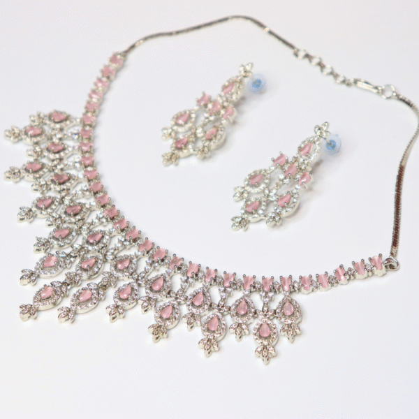Silver-Plated Pink Stone American Diamond Necklace Set - Image 3