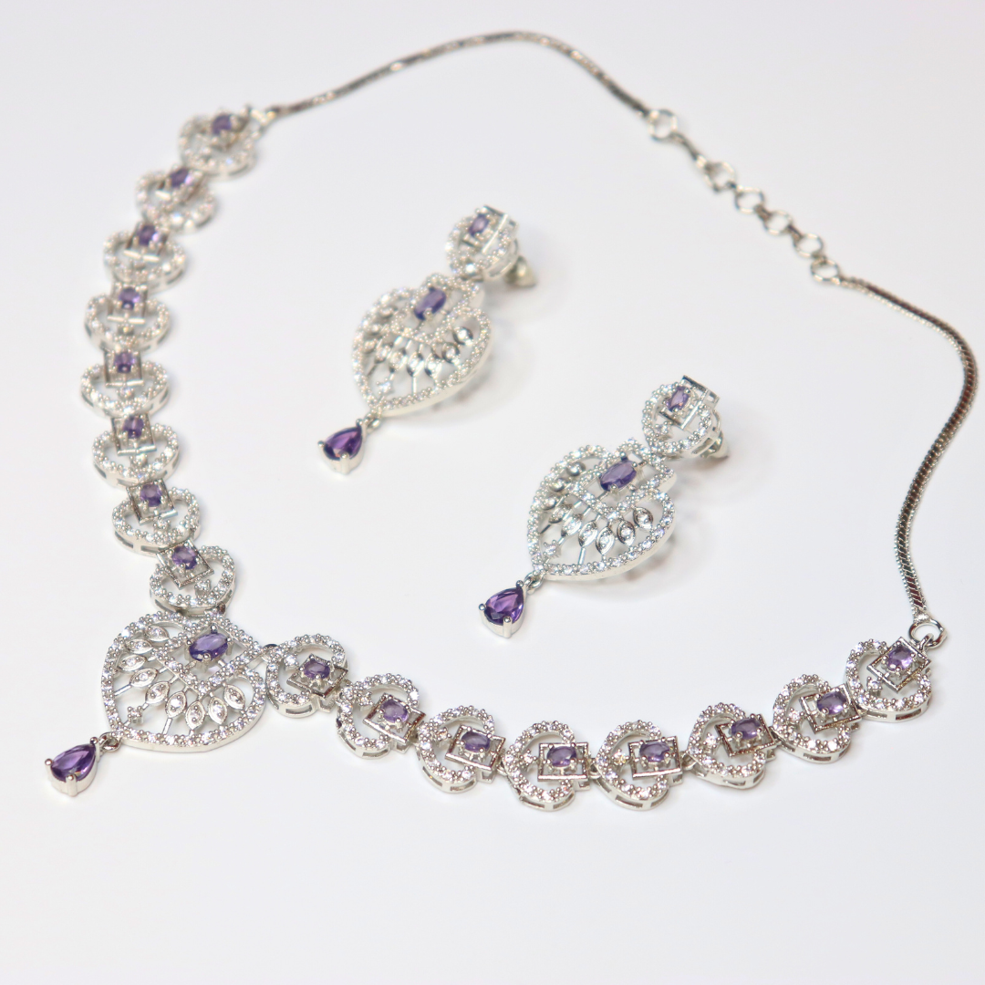 Silver-Plated Purple Stone Heart Shape AD Necklace Set - Image 3