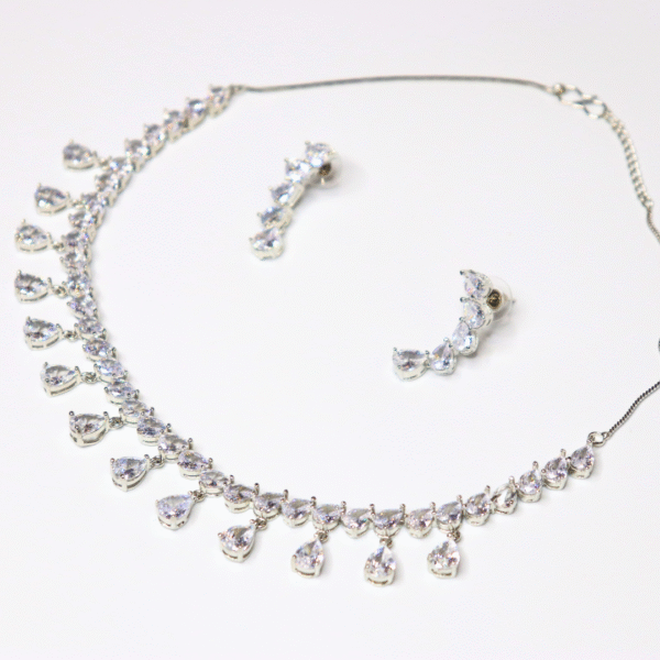 Silver-Plated Sparkling American Diamond Drop Necklace Set - Image 3
