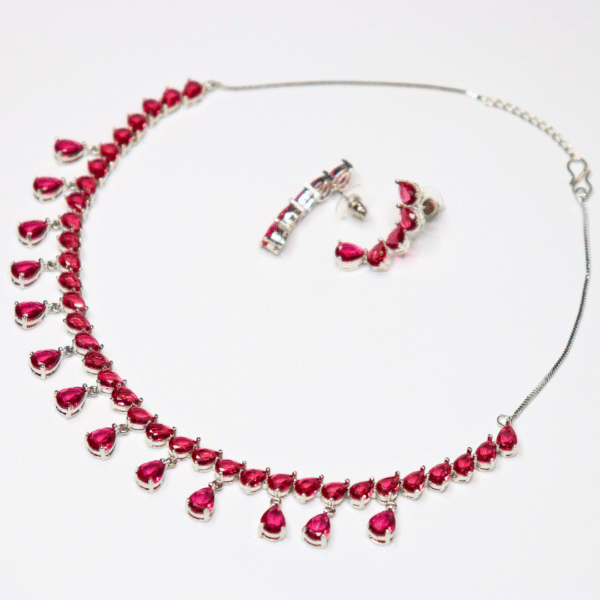 Silver-Plated Ruby Red American Diamond Necklace Set - Image 3
