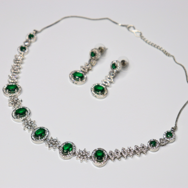 Silver-Plated Emerald Green American Diamond Necklace Set - Image 3