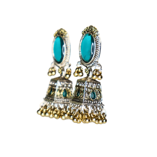 Turquoise-Teal Reflective Glass Stone Oxidized Jhumka - Image 3