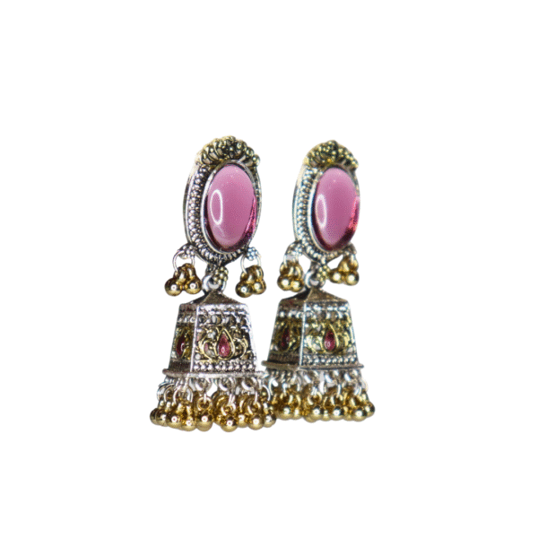 Beautiful Pink Reflective Glass Stone Oxidized Jhumka - Image 3