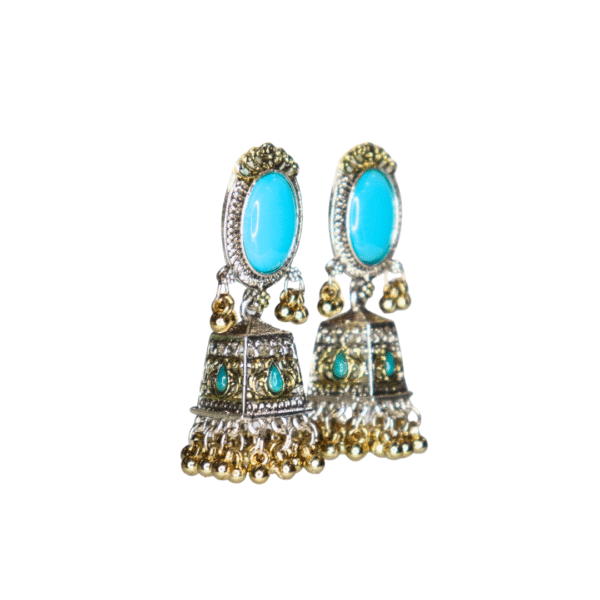Aquamarine Blue Reflective Glass Stone Oxidized Jhumka - Image 3