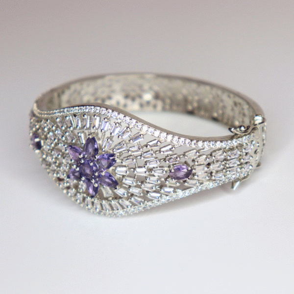 American Diamond Studded Floral Bracelet with Purple Stones - Image 3