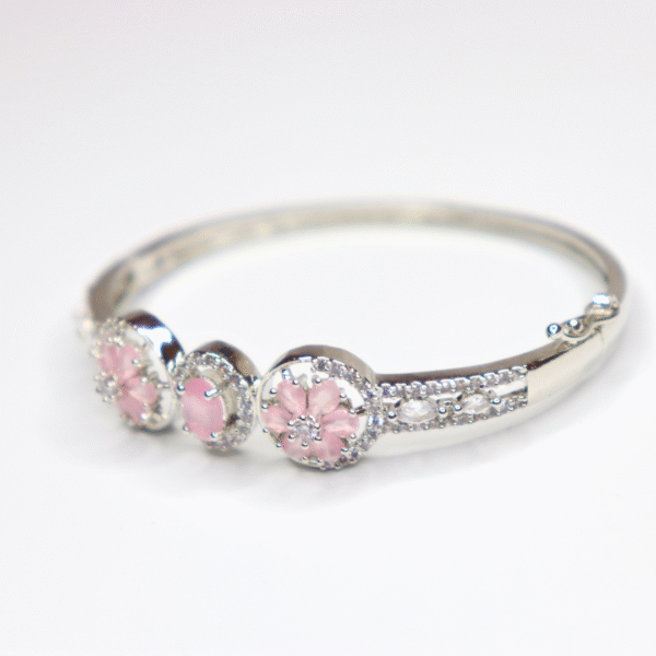 Silver Toned Pink Stone Floral American Diamond Bracelet - Image 3