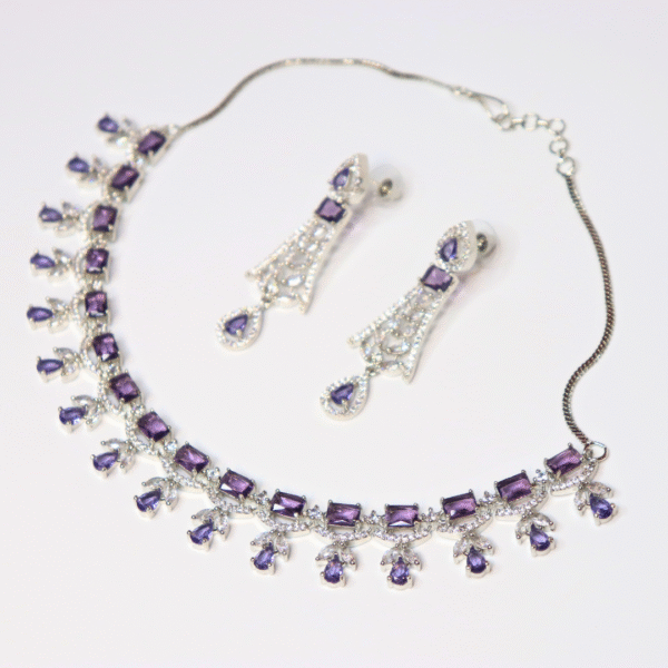 Silver-Plated Purple Stone American Diamond Necklace Set - Image 3