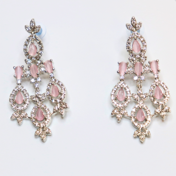 Silver-Plated Pink Stone American Diamond Necklace Set - Image 4