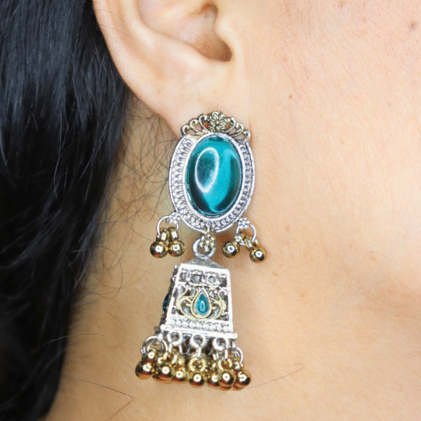 Turquoise-Teal Reflective Glass Stone Oxidized Jhumka - Image 4