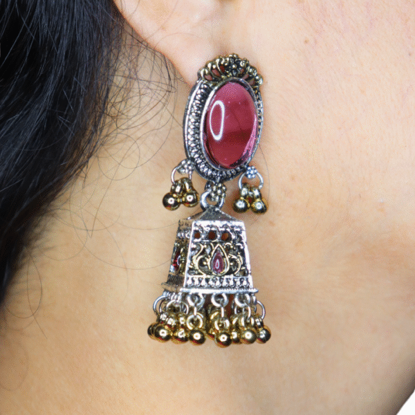 Beautiful Pink Reflective Glass Stone Oxidized Jhumka - Image 4