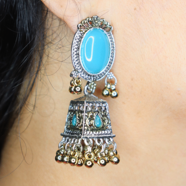Aquamarine Blue Reflective Glass Stone Oxidized Jhumka - Image 4