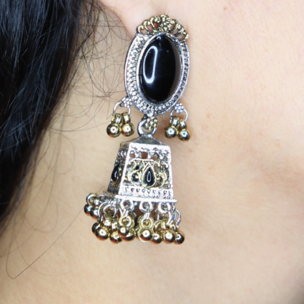 Onyx Black Reflective Glass Stone Oxidized Jhumka - Image 4