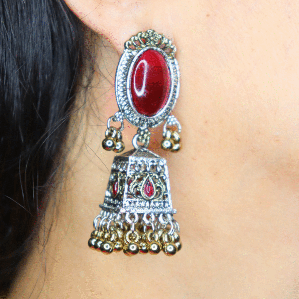 Dark Pink Reflective Glass Stone Oxidized Jhumka - Image 4